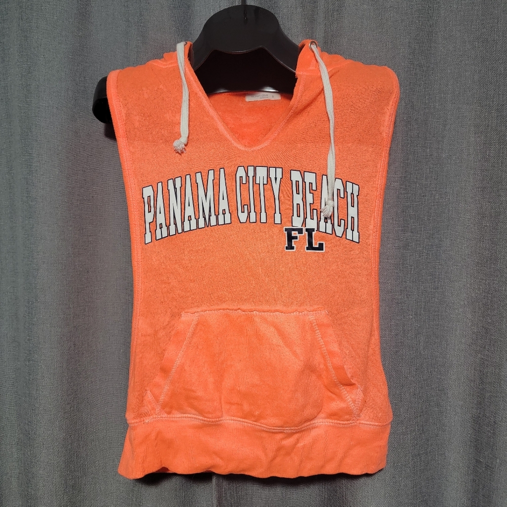 Ocean Drive Panama City Florida Cut Off Hoodie Tank Top Flourecent Orange Small